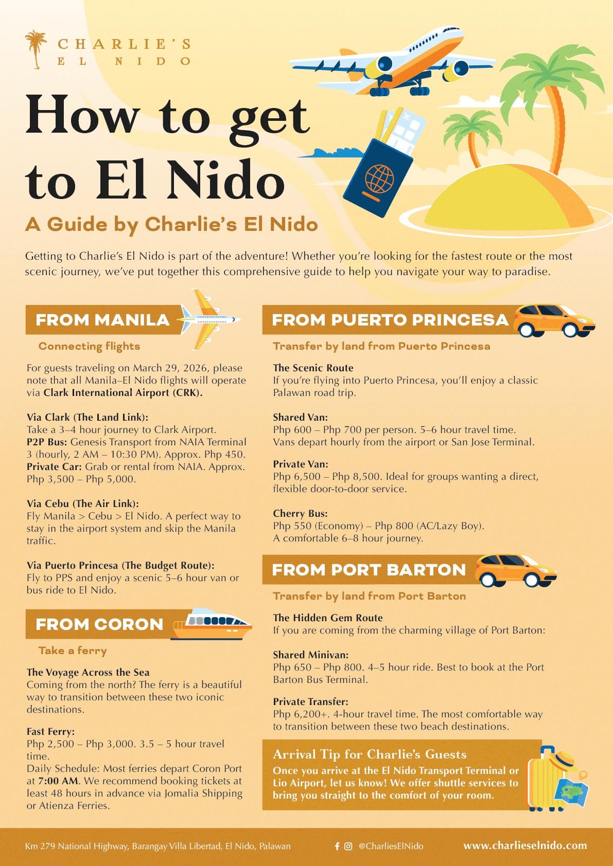 Infographic: Guide to getting to El Nido, Philippines, from Manila, Puerto Princesa, Port Barton, and Coron.