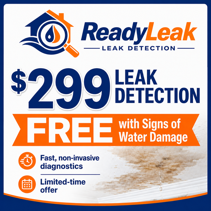 ReadyLeak ad: $299 leak detection, free with signs of water damage, fast non-invasive diagnostics.