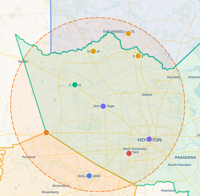Map of Houston area with a large dashed orange boundary and several colored location markers.