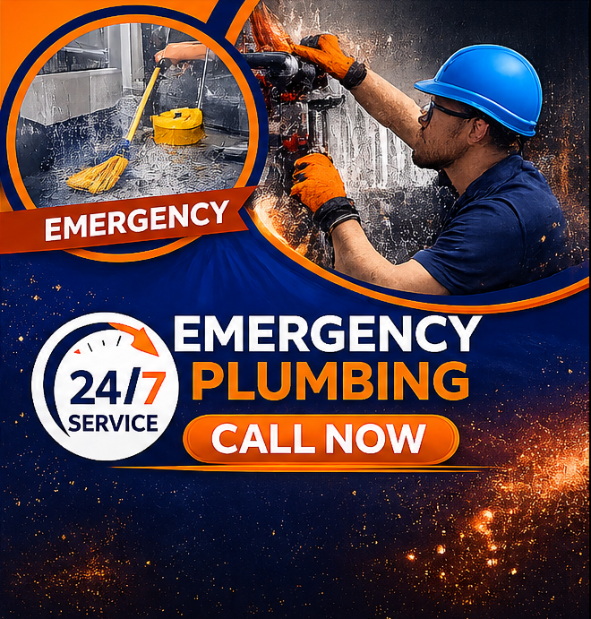 Emergency plumbing ad: plumber in blue hard hat fixes a pipe; text says 24/7 service, emergency plumbing, call now.