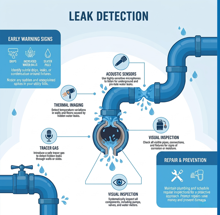 Blue leak detection infographic showing warning signs, pipe issues, and repair tips with icons.