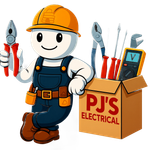 Cartoon electrician in overalls and hardhat, holding wrench, leaning on toolbox labeled