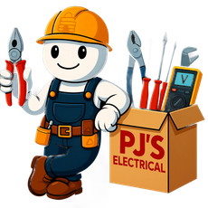 Cartoon electrician in overalls and hardhat, holding wrench, leaning on toolbox labeled