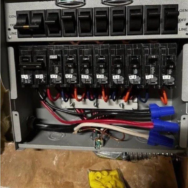 Electrical panel with circuit breakers, wires connected to a neutral bar and cable connectors.
