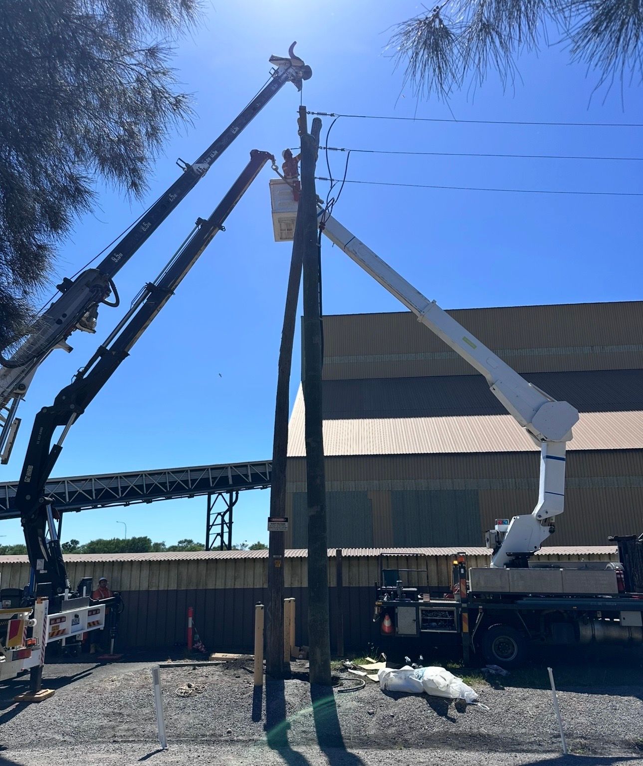Two cranes lifting a utility pole beside a warehouse under a blue sky