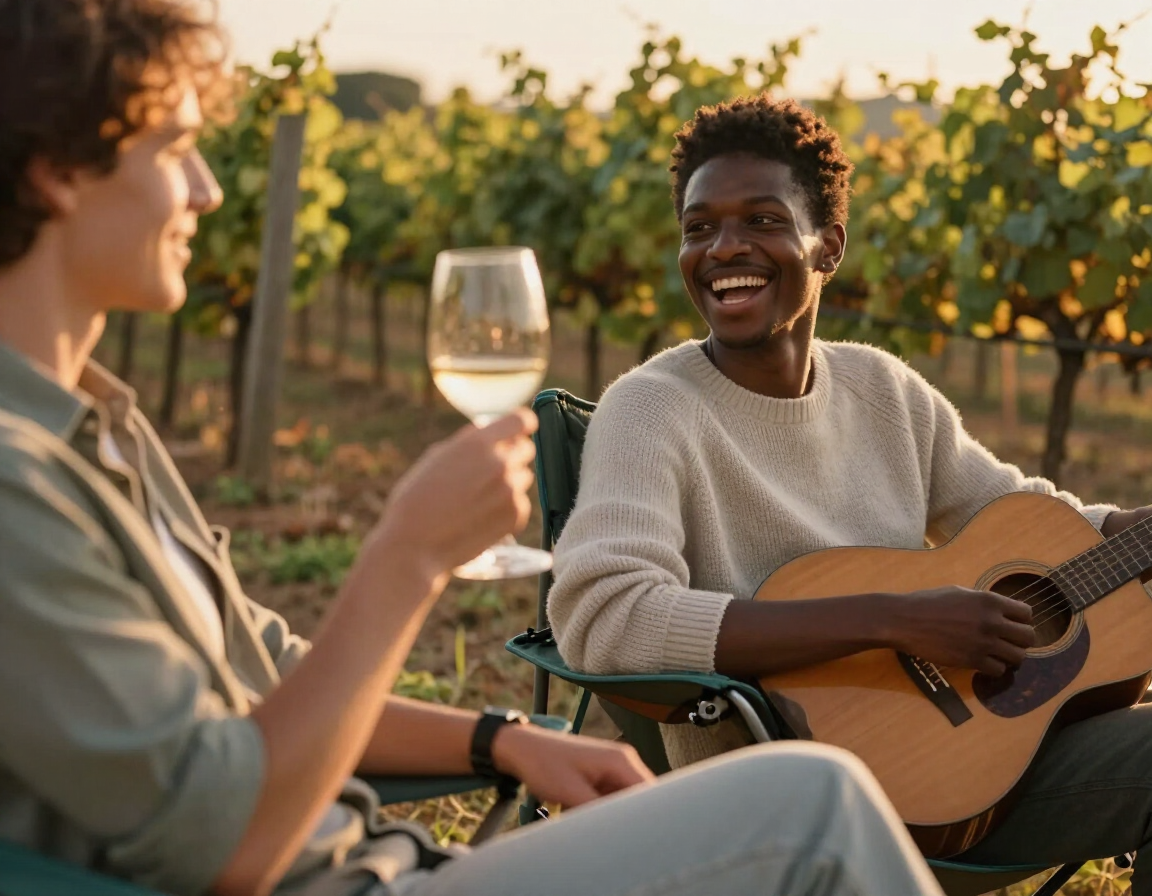 Two people relax outdoors at sunset, one holding a wine glass and the other playing guitar.