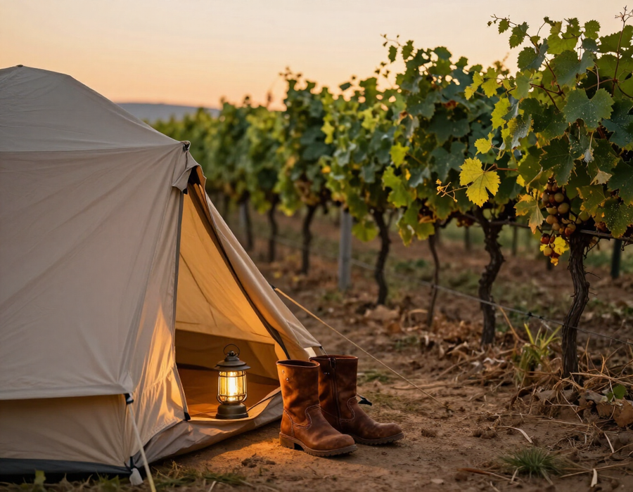 Tent by vineyard at sunset with boots and a lantern glowing inside