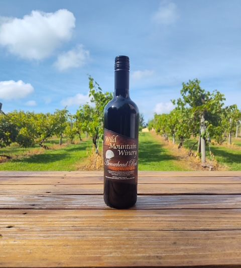 Dark wine bottle on a wooden table in an orchard under a blue sky
