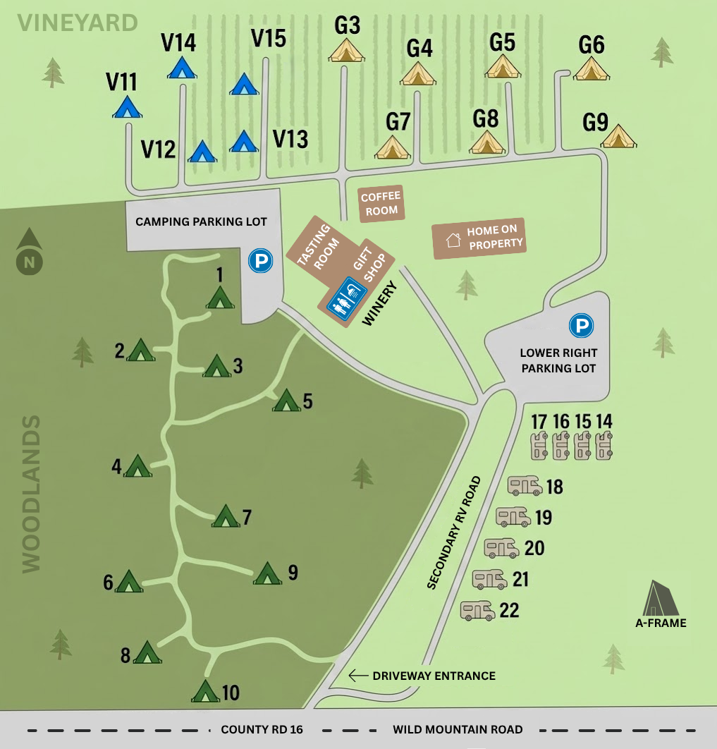 Color-coded vineyard and woods map with numbered trails, parking icons, and facility labels