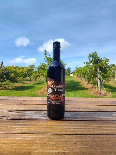 Wine bottle on a wooden table in a sunny vineyard with blue sky
