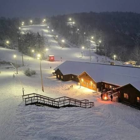 Snowy ski resort at night with lit lodge, glowing slopes, and lampposts in falling snow
