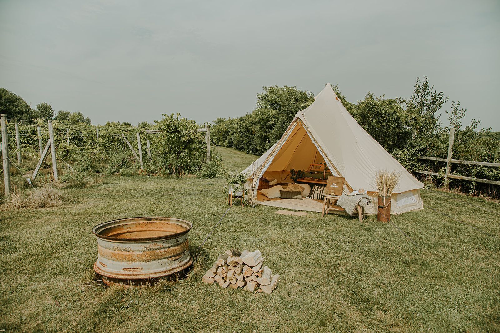 Canvas tent in a grassy orchard beside a metal fire pit and stacked firewood under a cloudy sky