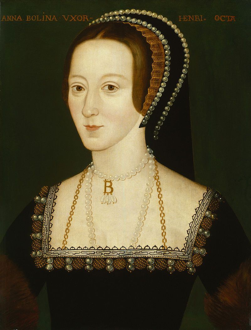 Portrait of a woman, likely Anne Boleyn, wearing a black dress and jewelry.