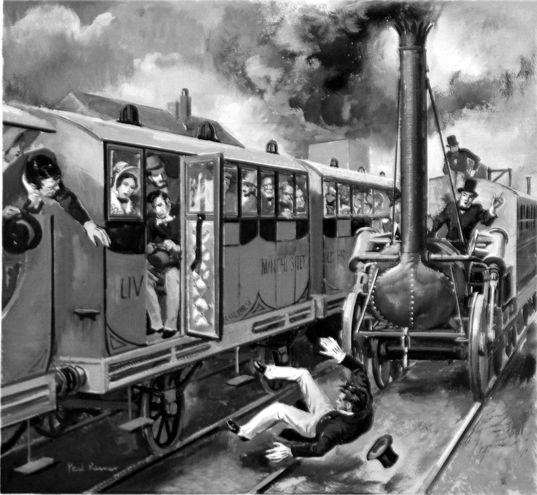 Painting of an early train crash; man falls from the carriage, shocked passengers and train crew.