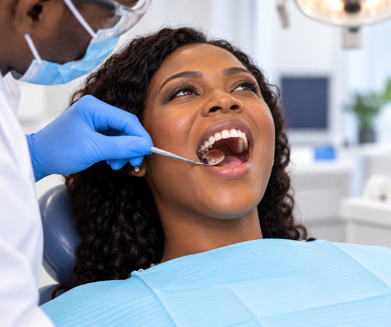 Dentist and patient smiling during a dental examination in a bright clinic