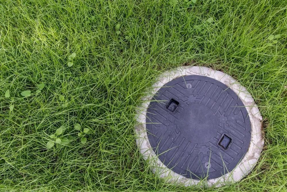 A Manhole Cover Is Sitting in The Middle of A Lush Green Field — Nambucca Plumbing in Urunga, NSW