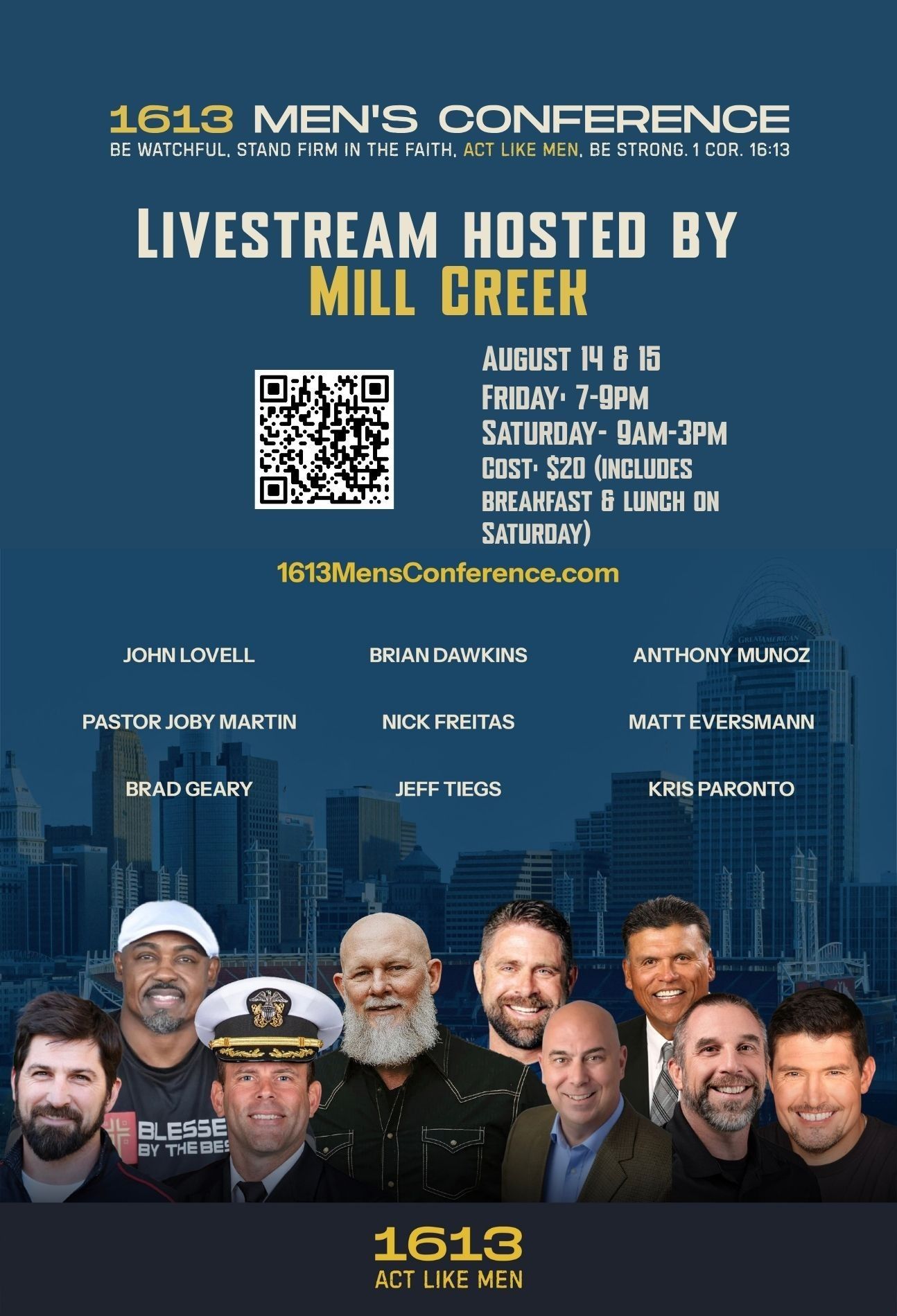 Men’s conference livestream hosted by Mill Creek, with event details and speaker lineup on a blue skyline poster