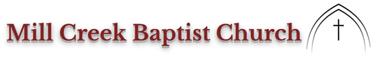 Mill Creek Baptist Church logo with red text and a cross inside an arch on a white background