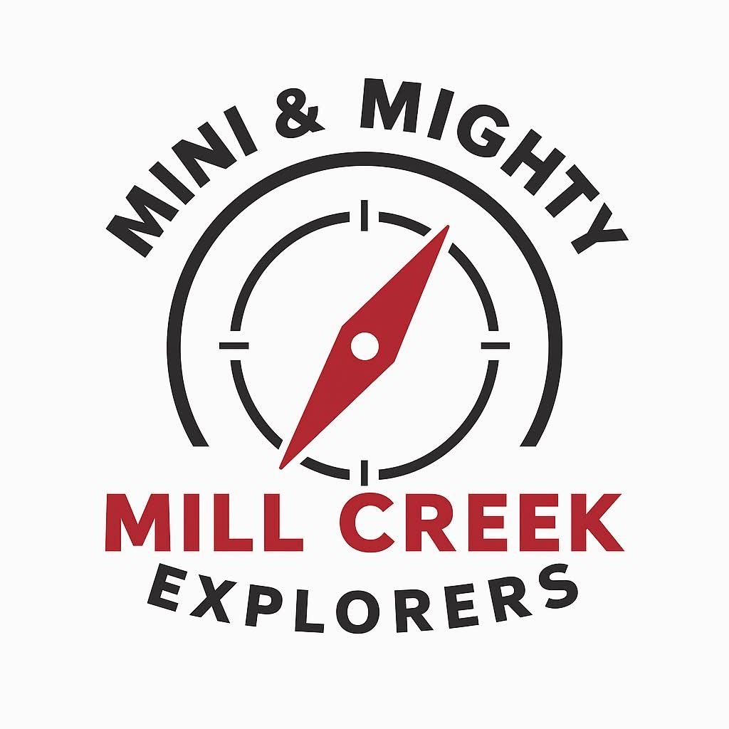 Logo for Mini & Mighty Mill Creek Explorers with compass icon in black, red, and gray.