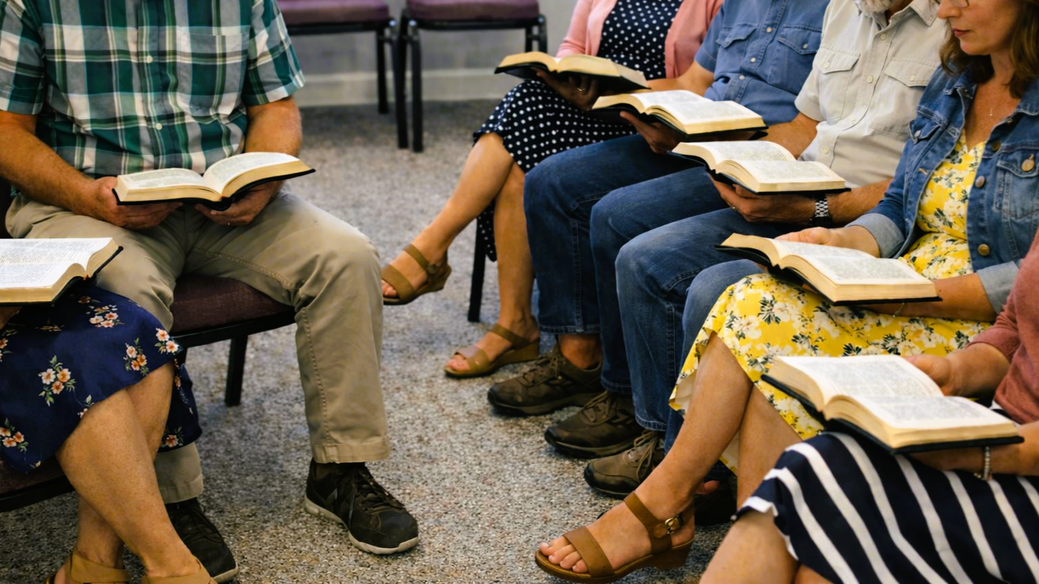 People seated in a circle holding open Bibles, reading together in a group setting.