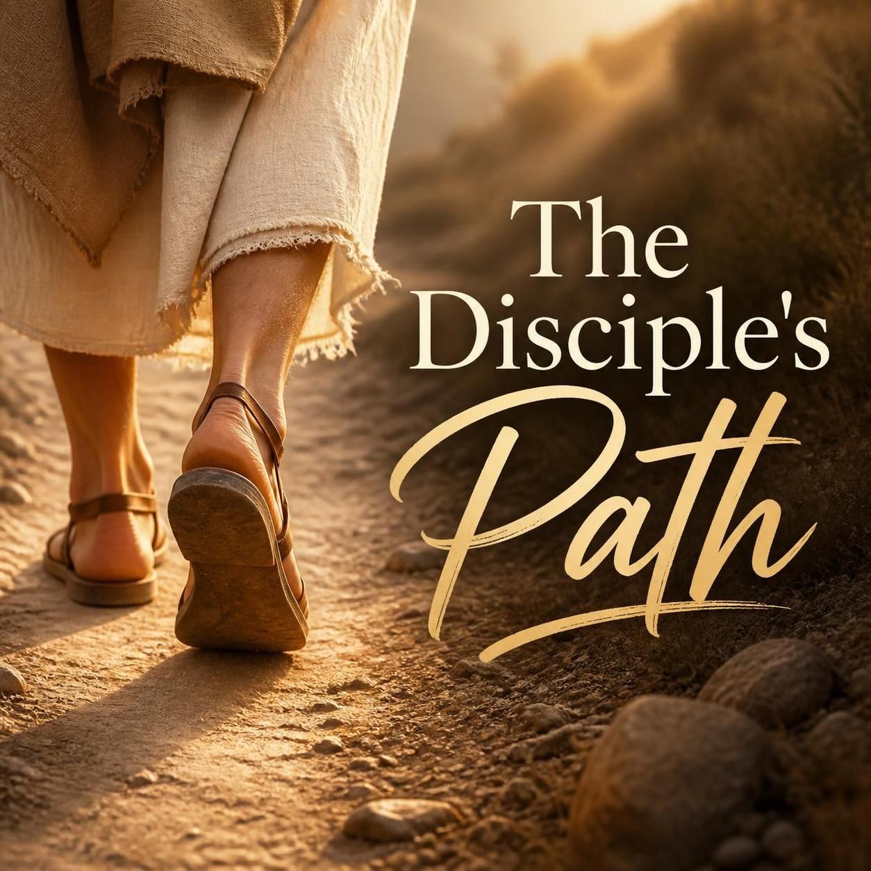 A disciple walking on a sunlit dirt path; text reads “The Disciple’s Path”