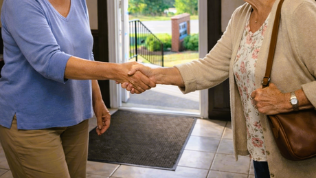 Two people shaking hands at a doorway, one in a blue shirt and one in a beige cardigan.