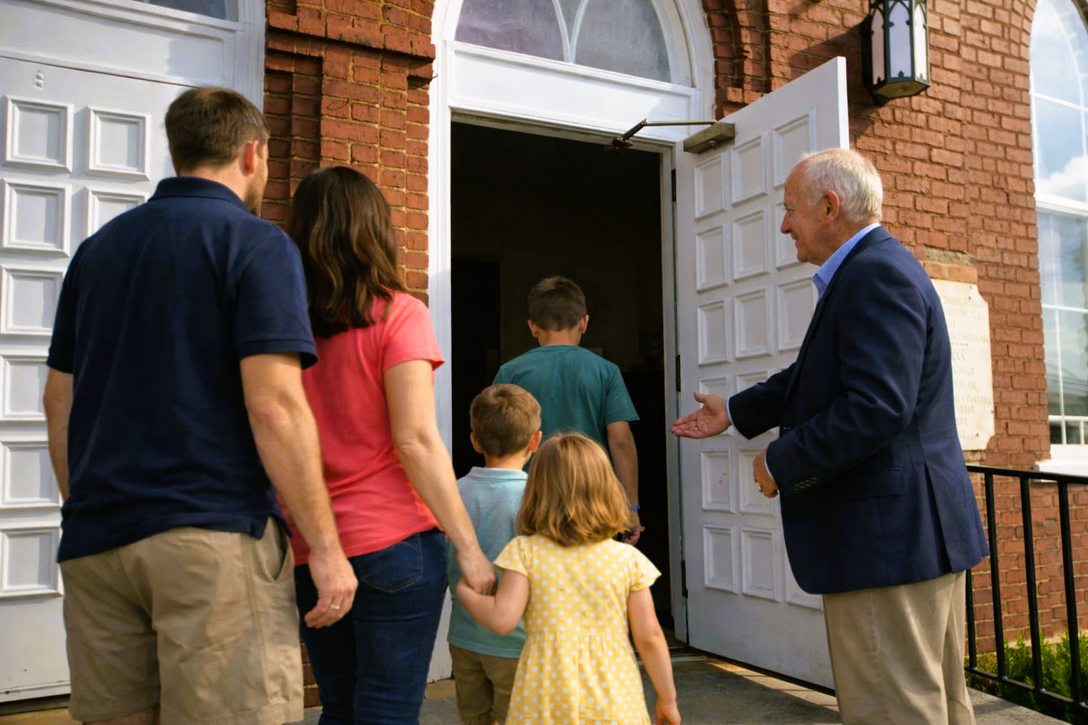 Family entering a church through open white doors