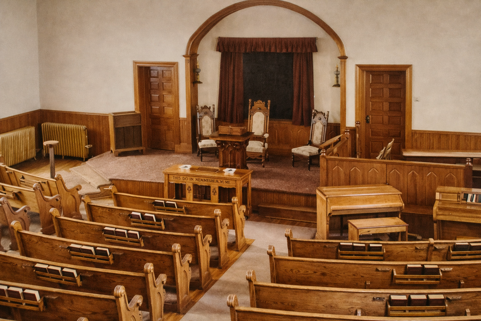 Empty sanctuary with simple features, wooden pews, and raised podium under an arched front wall.