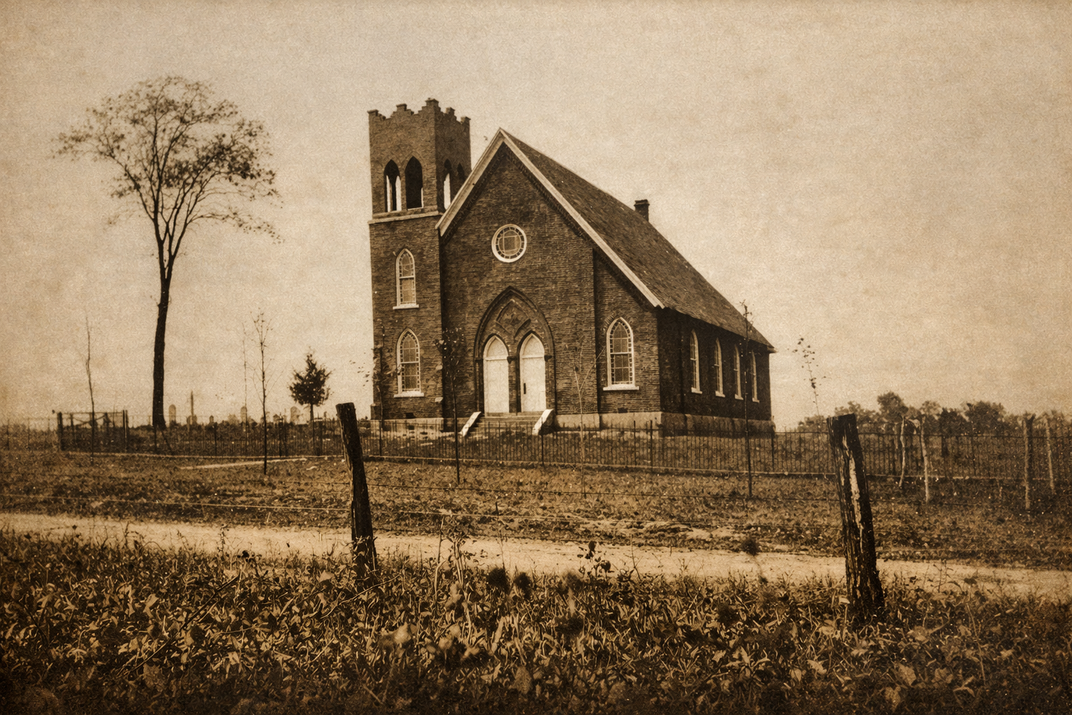 Sepia-toned church with a bell tower behind a fence in a rural field