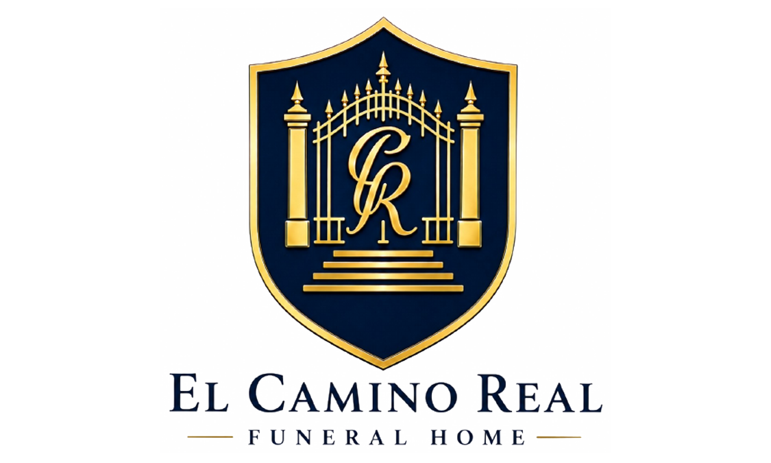 Gold “El Camino Real” logo with ornate crest and decorative flourishes on a white background