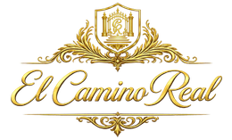 Gold “El Camino Real” logo with ornate crest and decorative flourishes on a white background