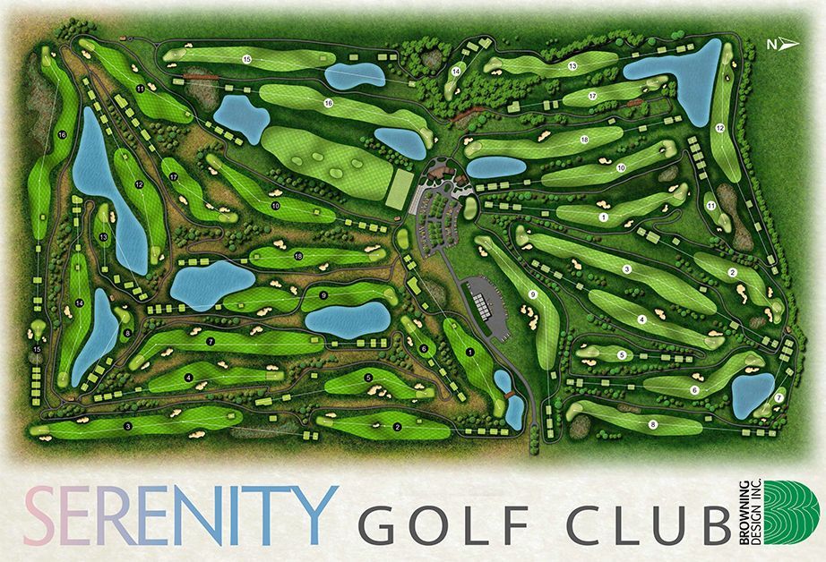 A golf course map labeled "Serenity Golf Club", with green fairways, water hazards, and trees.