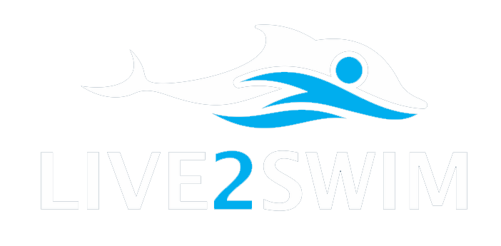 A logo for live 2 swim with a dolphin and a person swimming in the water.