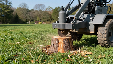 Mini excavator cutting a tree stump in a grassy yard, with wood chips around it.