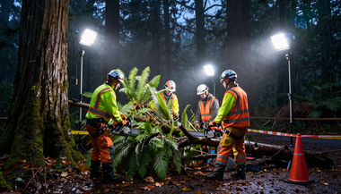 Workers in rain gear move a large fern at a forest worksite under bright floodlights.