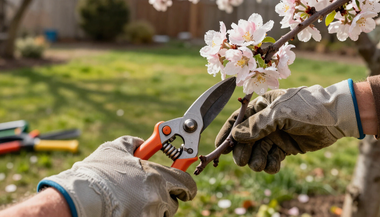 Gloved hands use pruning shears to trim a flowering branch in a garden.