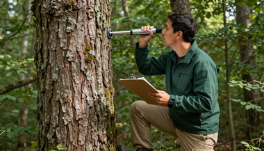 Person in a green jacket taking a tree core sample with a tool while holding a clipboard in a forest