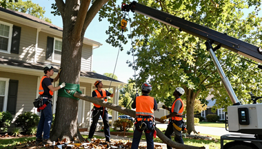 Workers in orange vests trimming a large tree beside a house with a crane truck