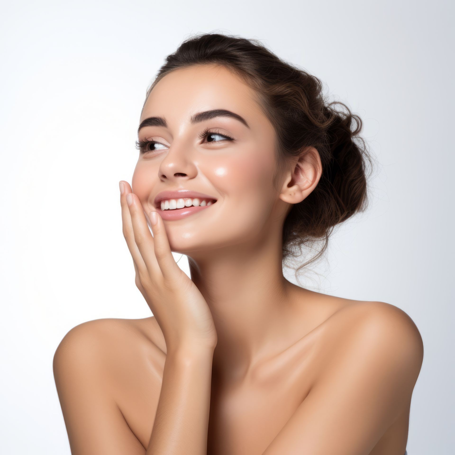 Woman with flawless skin, smiling, hand on cheek, hair up, against white background.