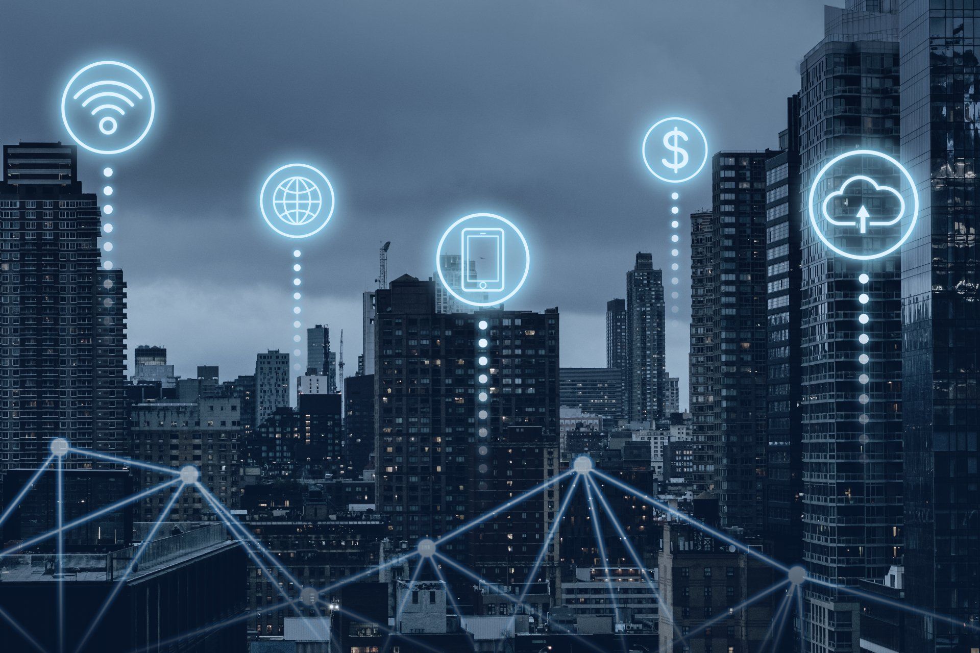 city skyline with technology icons