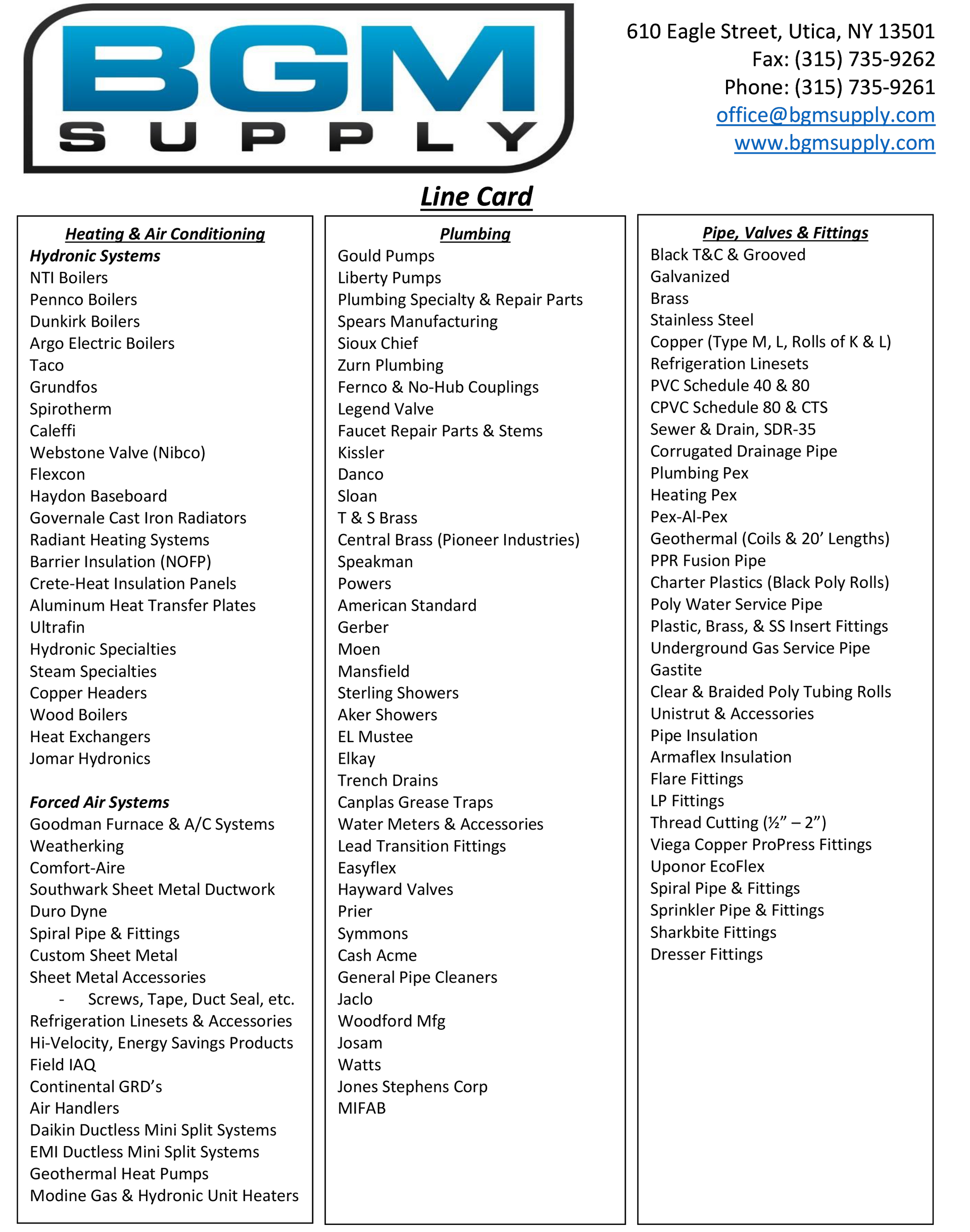 BGM Supply product line card with logo and three columns of small black text on white background