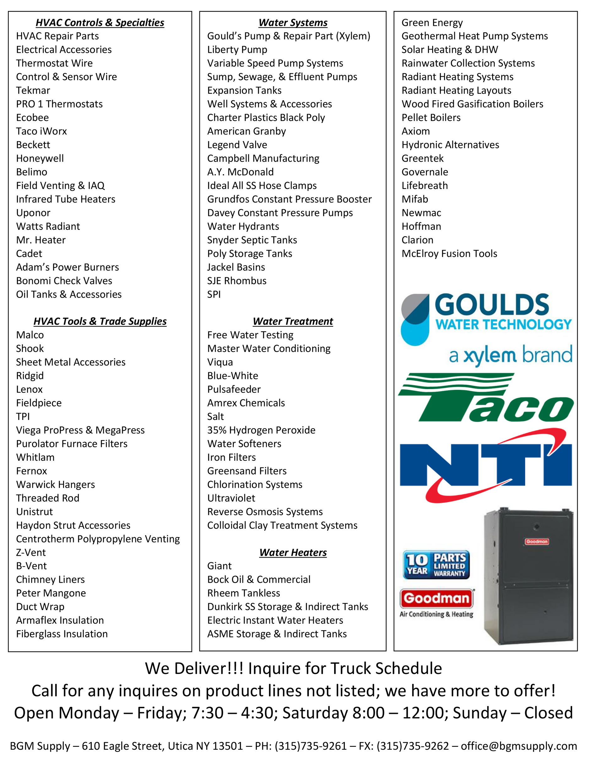 Black-and-white HVAC service ad with company list, contact details, and Gree, Goodman, Trane, NTI logos.