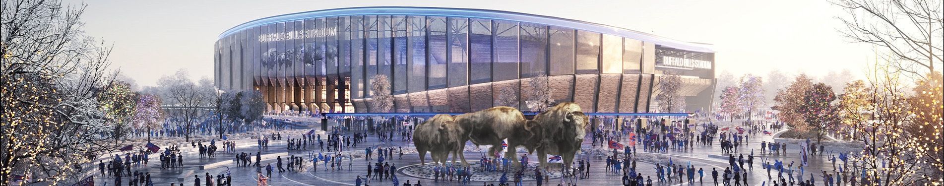 Crowd gathered outside a large modern glass arena at dusk, with trees framing the scene
