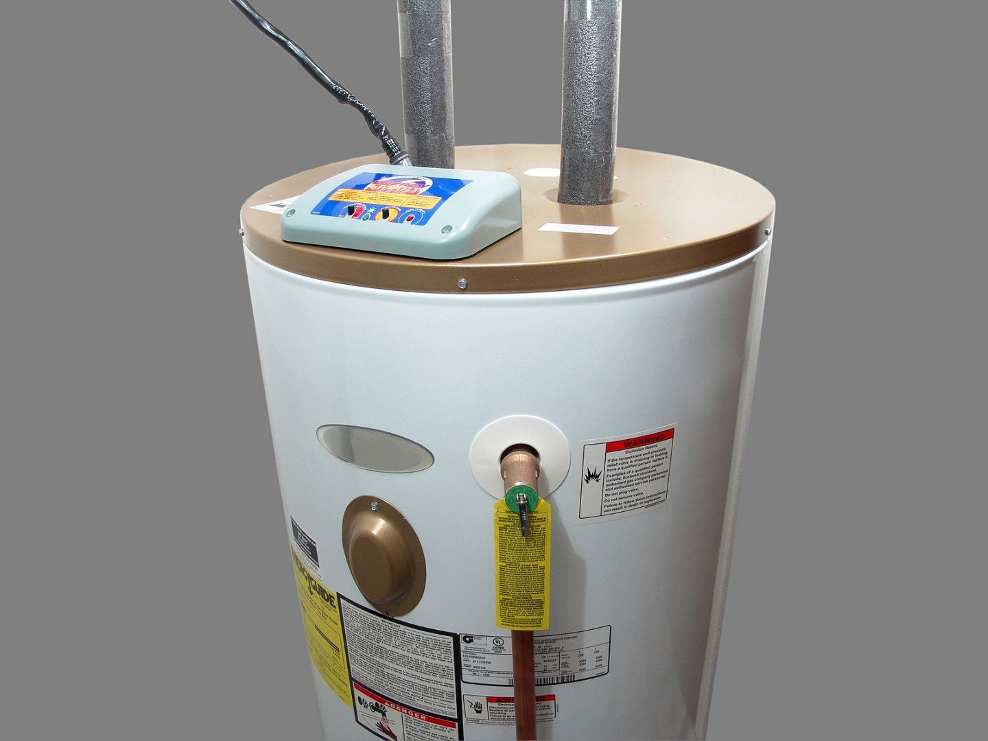 White water heater with a blue controller and vertical vent pipe in a utility area