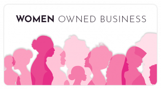 Women owned business banner with pink female silhouettes on a white background
