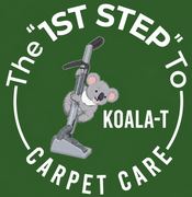 The logo for the 1st step to koala t carpet care shows a koala holding a vacuum cleaner.
