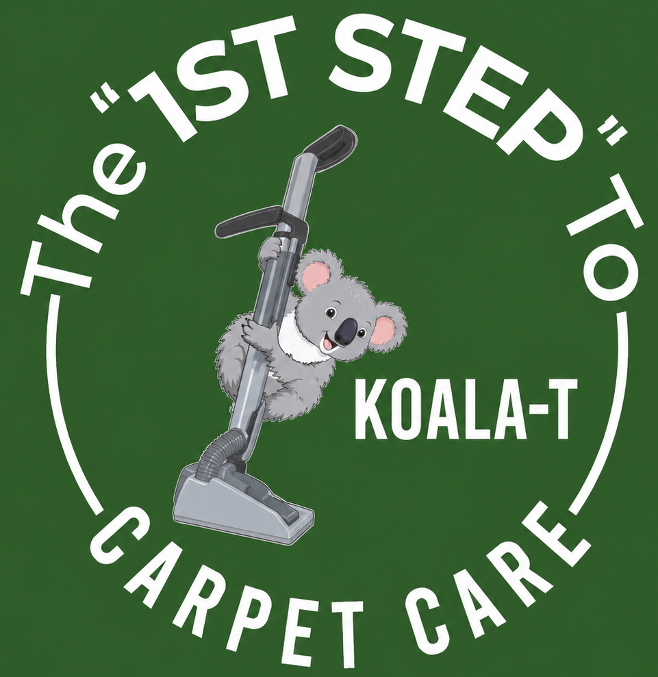 The logo for the 1st step to koala t carpet care shows a koala holding a vacuum cleaner.