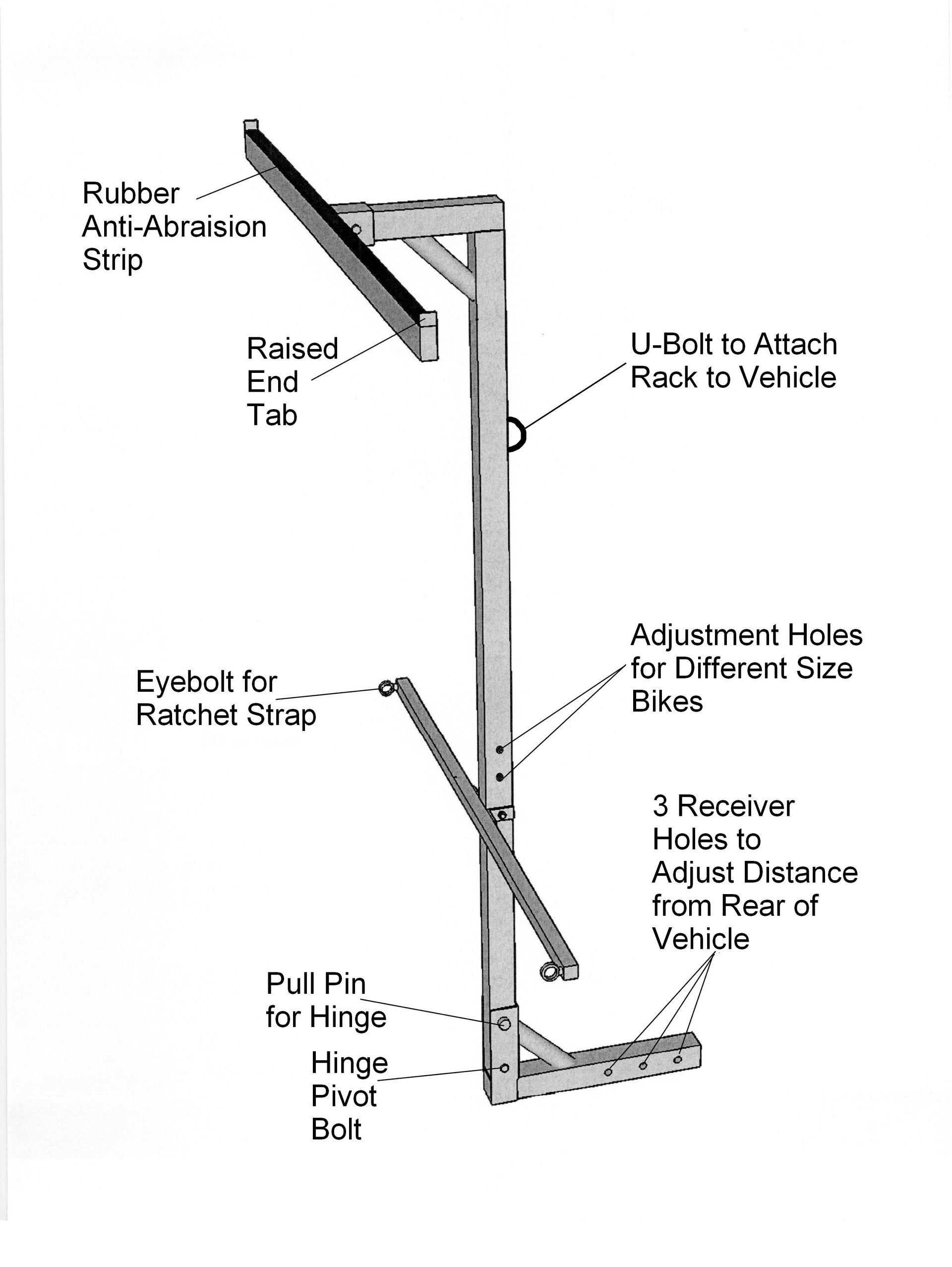 Labeled diagram of a black folding wheelchair ramp with hinge, latch, and support brackets.