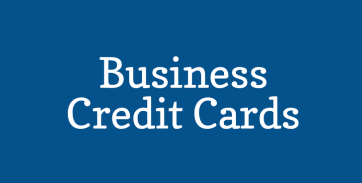 A blue background with white text that says business credit cards