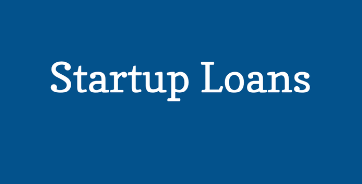 A blue background with white text that says startup loans